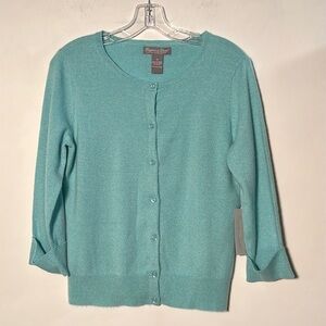 GRAYSON & DUNN NWT 100% Cashmere 3/4 SLV Button Mint Preppy Office Cardigan SZ M